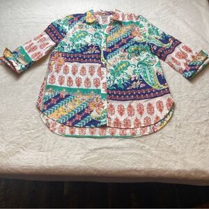 Chico's No Iron Mixed Print 100% Linen Button Down Top Size 1/Medium